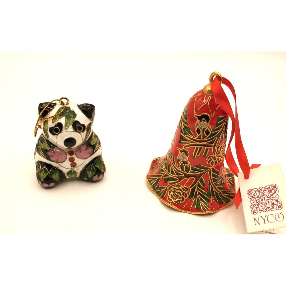 Vintage 2 Cloisonne Christmas Ornaments Panda & Bell NYCO